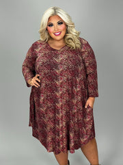 72 PQ {Radiant Rhythms} Wine/Taupe Print V-Neck Dress EXTENDED PLUS SIZE 3X 4X 5X