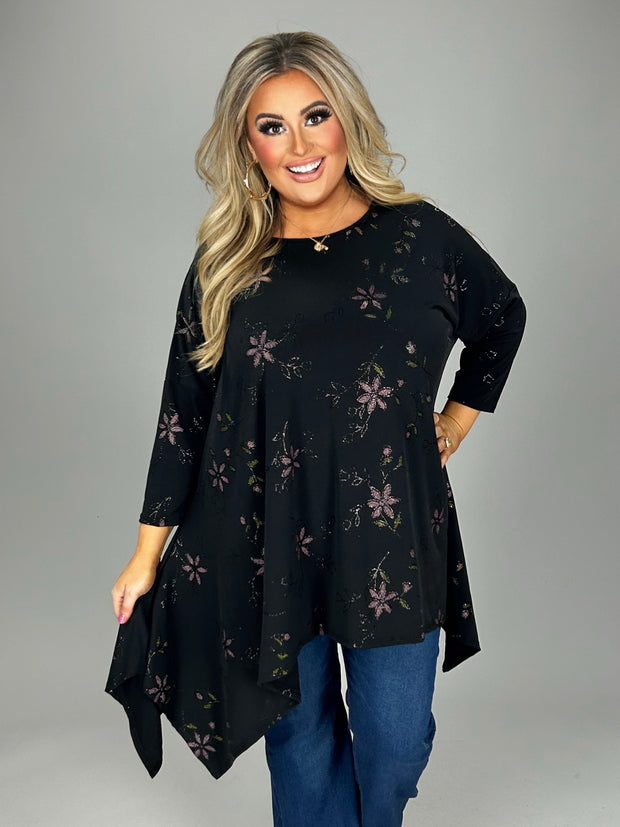 SALE!! 1-15 PQ {Create Your Dream} Black Top w/Glitter Floral Print PLUS SIZE 1X 2X 3X 4X 5X