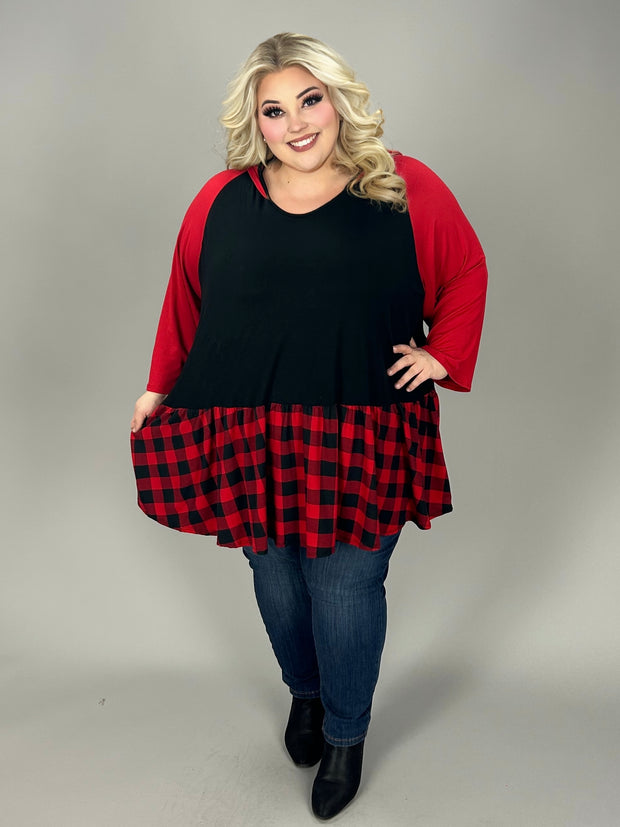 51 HD {Happier Times} Red Black Plaid Contrast Hoodie CURVY BRAND EXTENDED PLUS SIZE 4X 5X 6X