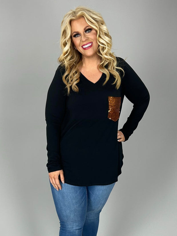 SALE!! 91 SD {Perfect Vision} Black V-Neck Top w/Sequin Pocket PLUS SIZE 1X 2X 3X