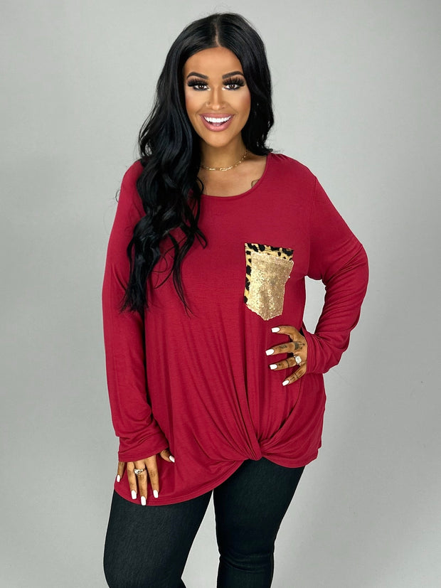 SALE!! SD-R {Much Admired} Maroon Tunic Leopard & Gold Pocket Detail PLUS SIZE XL 2X 3X