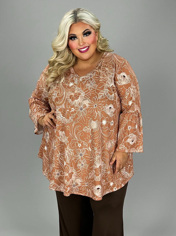 32 PQ {Dress With Confidence} Brown Floral V-Neck Tunic EXTENDED PLUS SIZE 3X 4X 5X (True to Size)