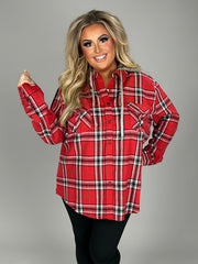 SALE!! 11 OT-A {Follow Behind} Red Plaid Button Up Shacket W/Hood PLUS SIZE 1X 2X 3X