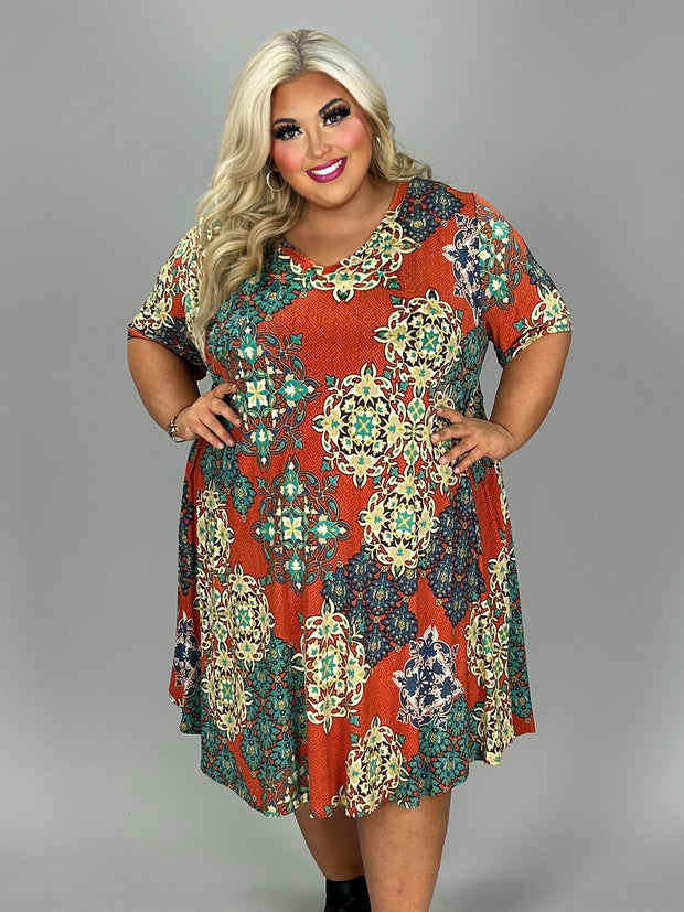 71 PSS {Pay No Mind} Rust Print V-Neck Dress EXTENDED PLUS SIZE 3X 4X 5X