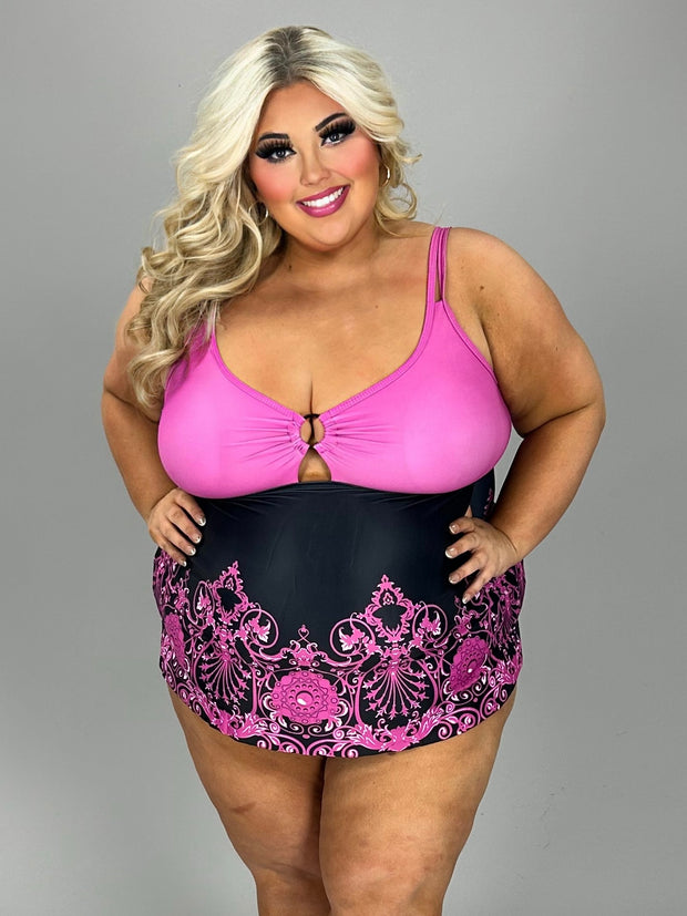 SWIM-P {Pacific Tides} Black/Magenta Print 2 Piece Swimsuit CW EXTENDED PLUS SIZE 4X