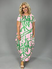 LD-F {All This Love} Pink/Green Print Maxi Bubble Dress PLUS SIZE XL