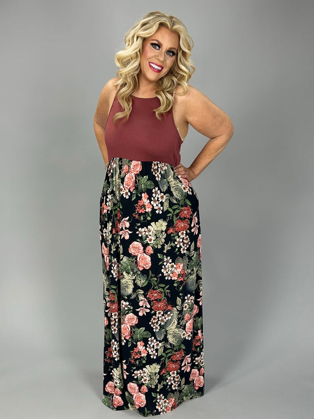 LD-T {Boho Vibes} Rust/Black Floral  (jacket sold separately) Long Dress PLUS SIZE 1X 2X 3X