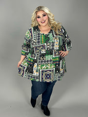 70 PSS {Unique Perspective} Green Patchwork Babydoll V-Neck Top EXTENDED PLUS 3X 4X 5X