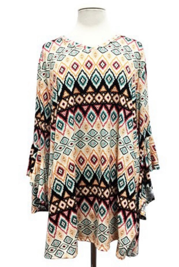 1-25 PQ {Desert Retreat} Ivory/Rust/Black Tribal Print Top EXTENDED PLUS SIZE 4X 5X 6X