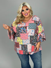 19 PLS {Longing For Home} Red Mixed Print Patchwork Top  CURVY BRAND!!!  EXTENDED PLUS SIZE 4X 5X 6X