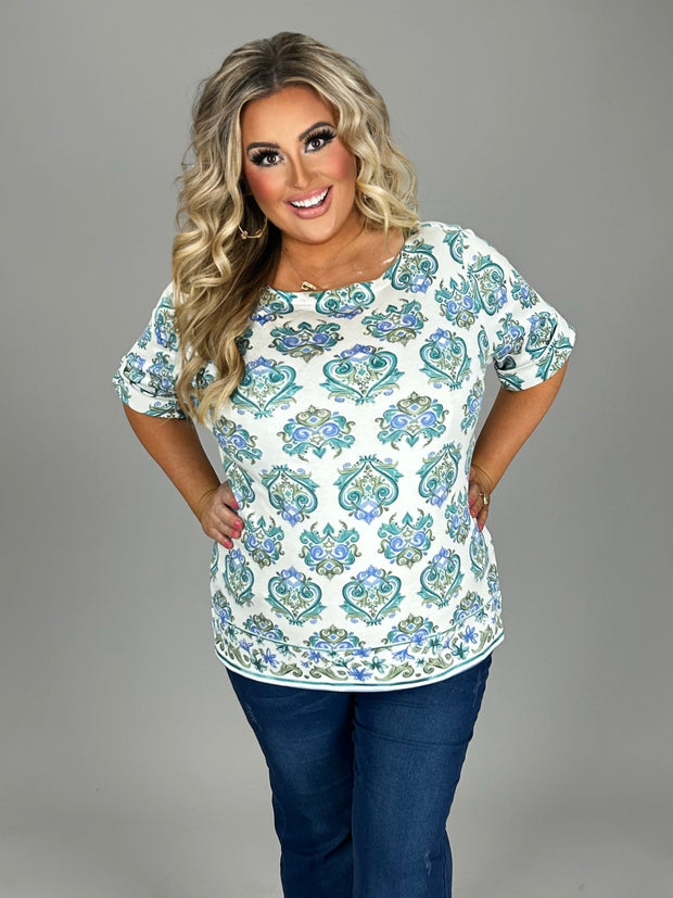 SALE!! PSS M-109 {Karen Scott} Ivory/Teal Tapestry Print Top PLUS SIZE 0X