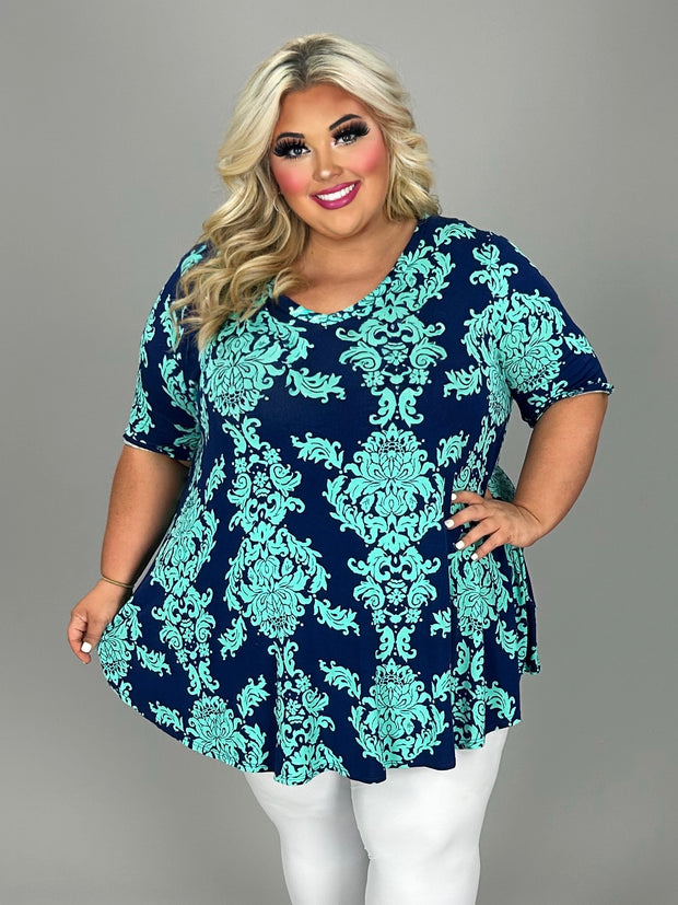 32 PSS {Moments For Me} Jade Damask Print V-Neck Tunic EXTENDED PLUS SIZE 3X 4X 5X