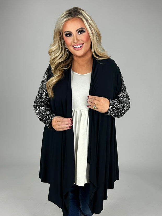 26 OT-C {Hidden Agenda} Black Cardigan W/Printed Sleeves PLUS SIZE 1X 2X 3X