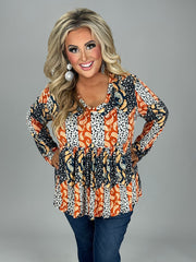 1- 28 PLS {In Other Words} Rust/Black Paisley Floral Babydoll Top PLUS SIZE XL 2X 3X