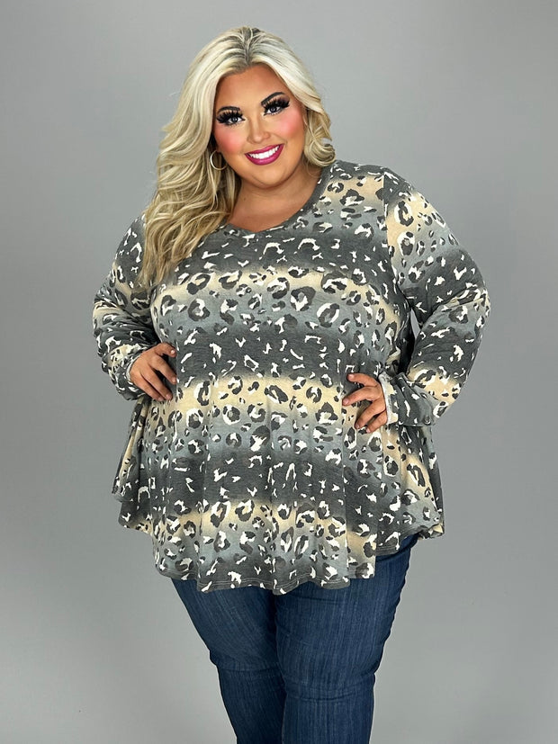 33 PLS {Alluring Invite} Grey/Taupe Leopard V-Neck Top EXTENDED PLUS SIZE 3X 4X 5X