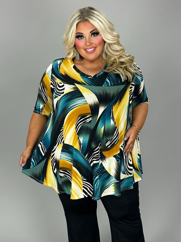 49 PSS {Stroke Of Gold} Teal/Black Print V-Neck Top EXTENDED PLUS SIZE 4X 5X 6X