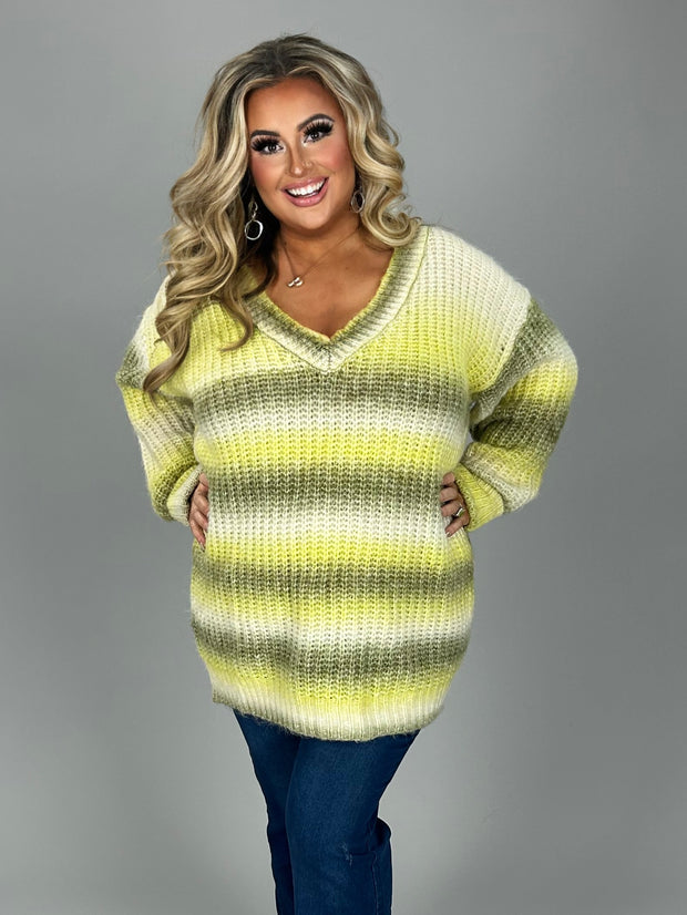 16 PLS-M {Love Notes} Yellow Olive Striped Sweater SIZE S M L XL