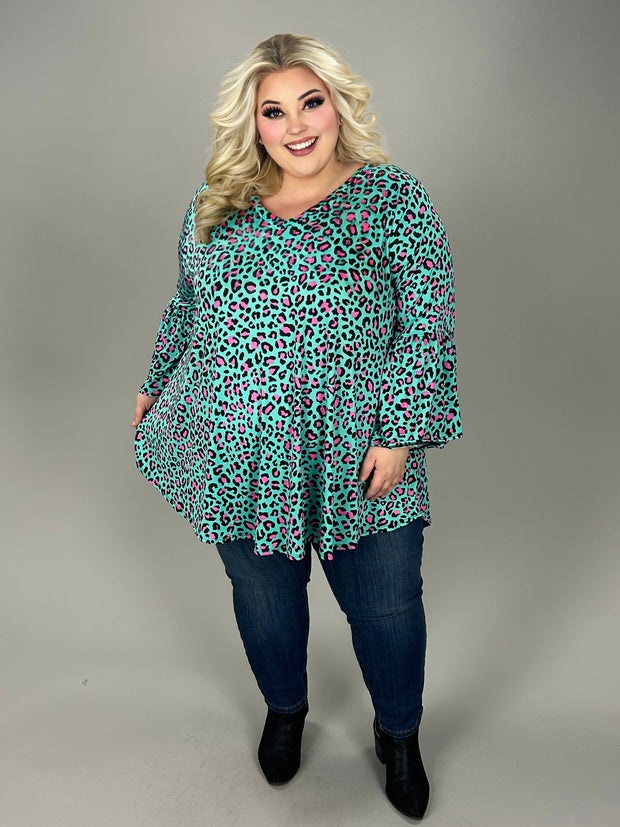 21 PQ {One Cool Cat} Mint/Fuchsia Leopard V- Neck Top EXTENDED PLUS  3X 4X 5X