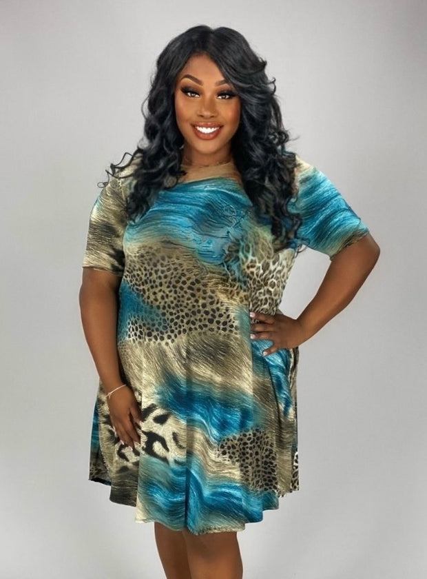 SALE!! 56 PSS-A {Striking Sight} Teal with Mocha Animal Print Dress PLUS SIZE 1X 2X 3X