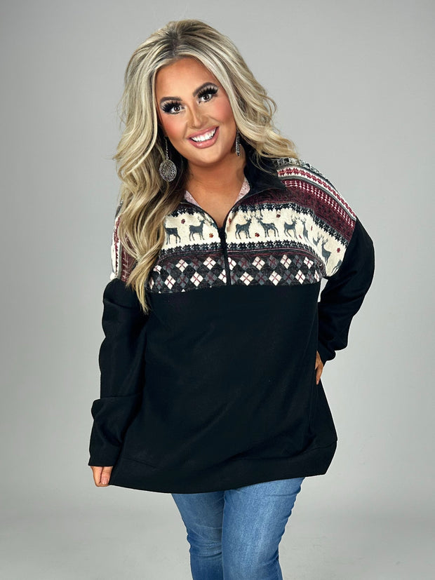 26 CP-F {Ring The Bell} Black Burgundy Reindeer Pullover PLUS SIZE XL 2X 3X