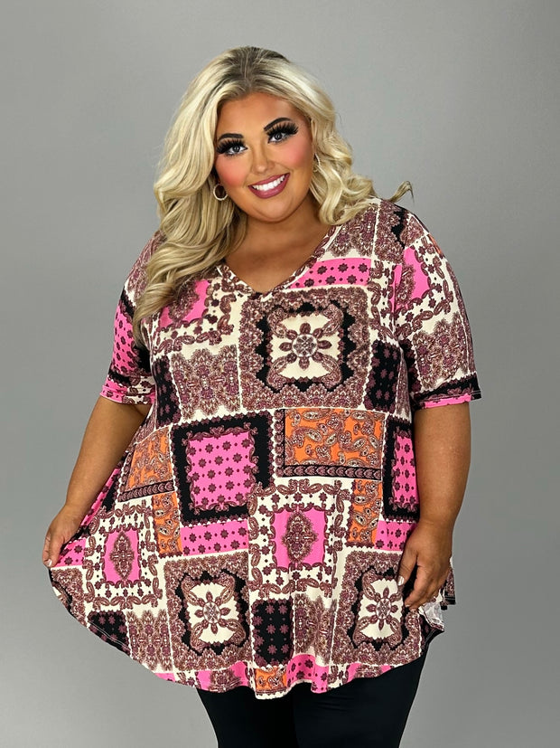 75 PSS {Cool People Only} Ivory/Pink Mixed Print V-Neck Top EXTENDED PLUS SIZE 3X 4X 5X (True To Size)