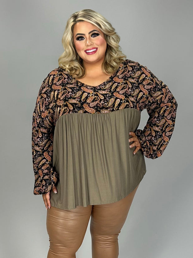 27 CP-J {Sweet Soul} Brown Paisley Babydoll Top PLUS SIZE 1X 2X 3X