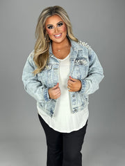 SALE!! 13 OT-C {What It Takes} Umgee Lt. Denim Short Jacket W/Pearls PLUS SIZE XL 1X 2X