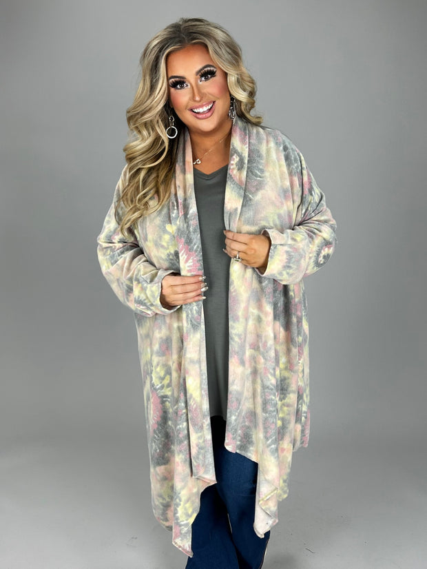 16 OT {Use Your Imagination} Ivory/Pink Tie Dye Cardigan PLUS SIZE 3X