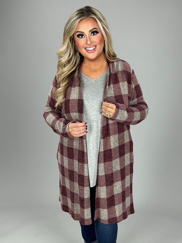 26 OT-D {Rush Hour Baby} Burgundy Plaid Cardigan W/Pockets PLUS SIZE 1X 2X 3X