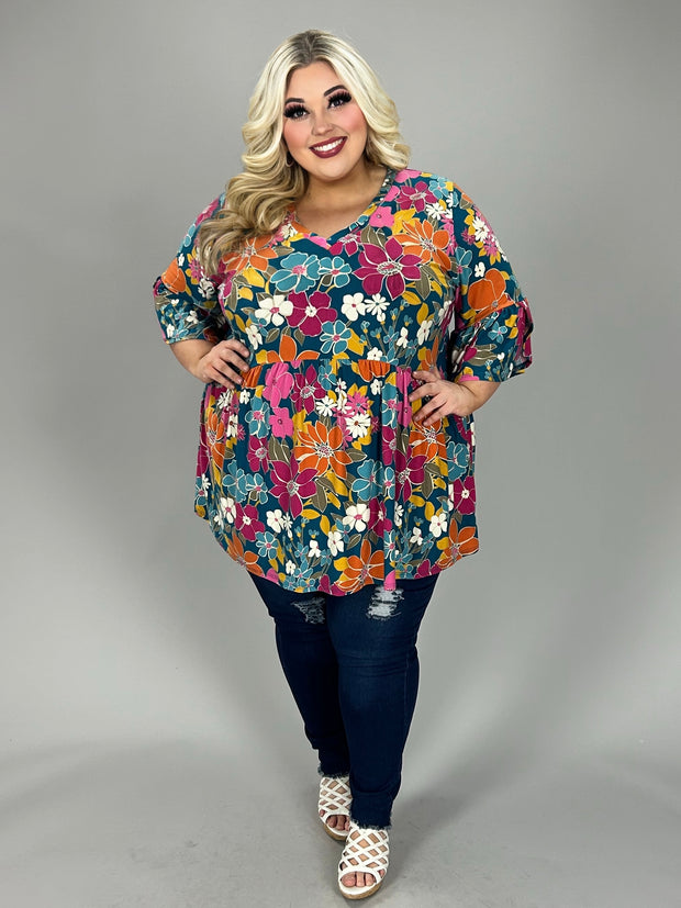 39 PQ {By The Book} Teal Pink Floral Babydoll Top EXTENDED PLUS SIZE 3X 4X 5X