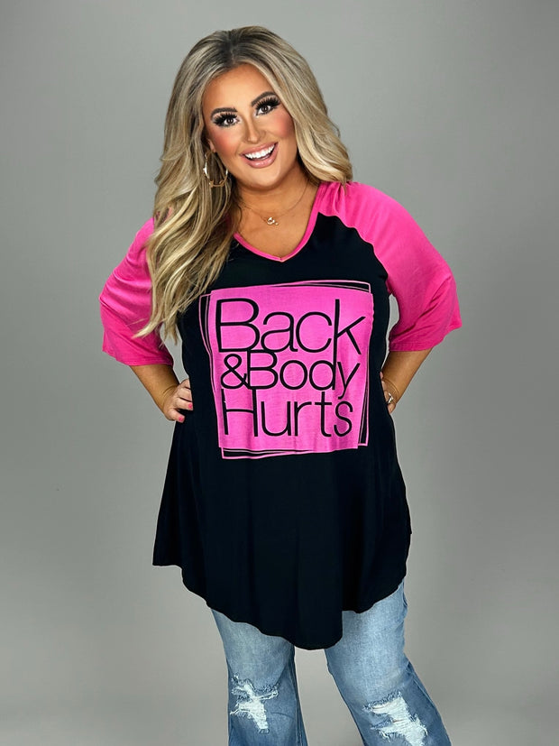 52 GT {Back and Body Hurts} Black/Fuchsia Graphic Tee CURVY BRAND!!!  PLUS SIZE 1X 2X 3XX  (May Size Down 1 Size)