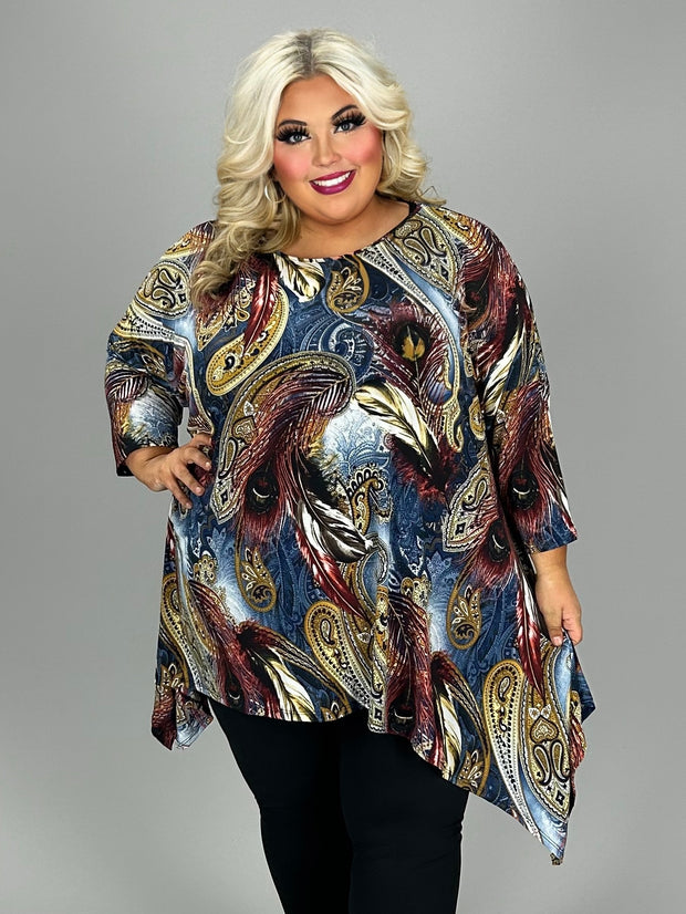 31 PQ {Expect The Best} Navy Paisley Feather Print Top EXTENDED PLUS SIZE 3X 4X 5X (True to Size}