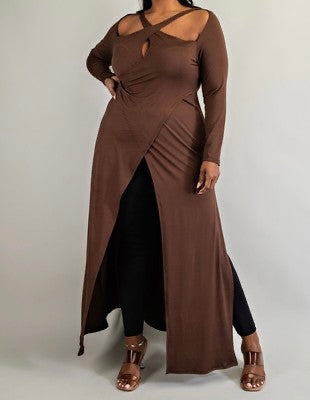 LD-V {Too Much Fun} Brown Criss Cross Cut Out Long Tunic PLUS SIZE