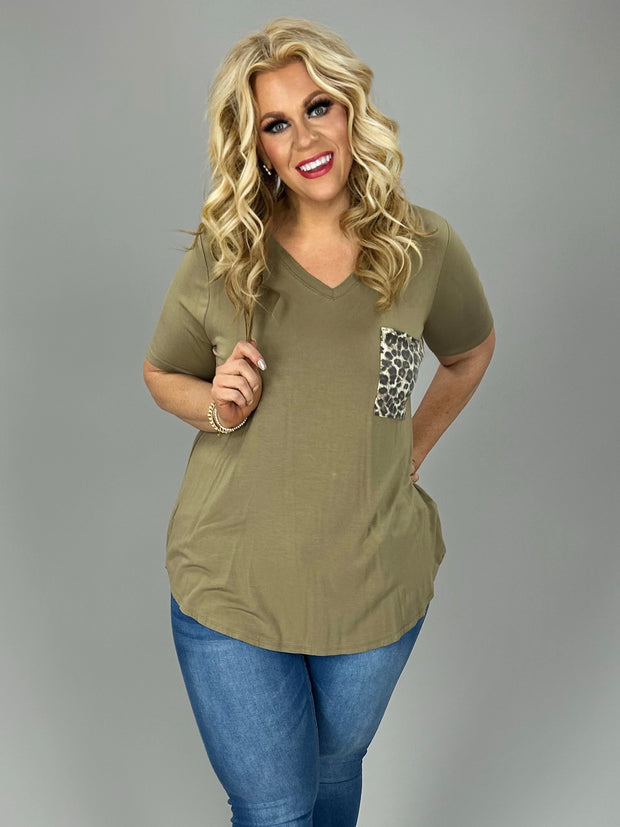 SALE!! 27 SD-C {Perfect Pocket} Olive/Khaki  V-Neck Leopard Pocket Top PLUS SIZE 1X 2X 3X