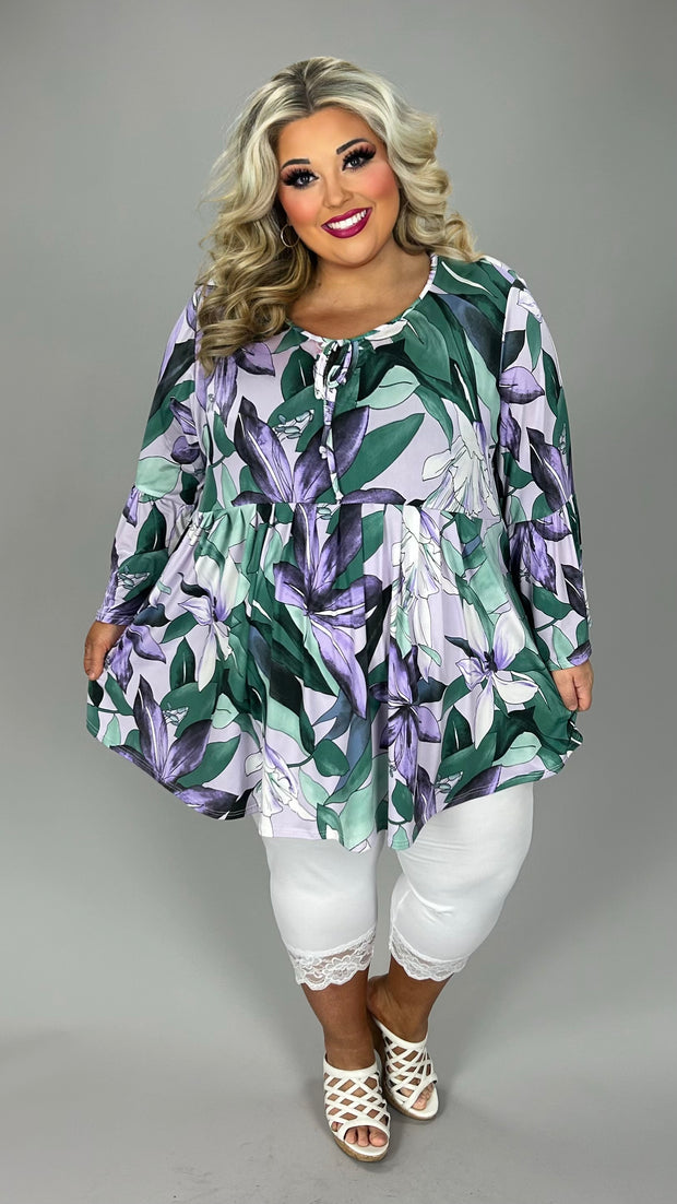 61 PQ {Good For Me} Green Purple Floral Tie Neck Top EXTENDED PLUS SIZE 3X 4X 5X