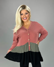 14 CP {Mostly Sweet} Mauve/Olive/Black Tiered Top w/ Buttons Detail PLUS SIZE