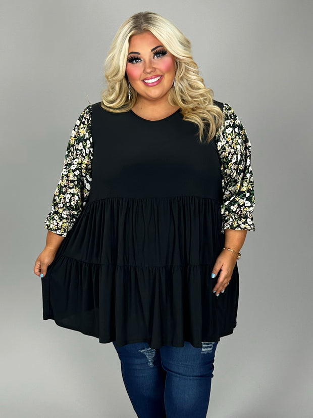 25 CP {Take My Hand} Black Tiered Tunic w/Floral Sleeves EXTENDED PLUS SIZE 4X 5X 6X