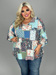 1-18 PLS {Touch Of Home} Blue Mixed Print Patchwork Top CURVY BRAND!!! EXTENDED PLUS SIZE 4X 5X 6X