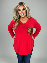 56 SD-A {Stunning Vision} Ruby V-Neck Sequin Pocket Top PLUS SIZE 1X 2X 3X