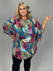 52 PQ {Absolutely Elegant} Teal Paisley Feather Print Tunic PLUS SIZE XL 2X 3X