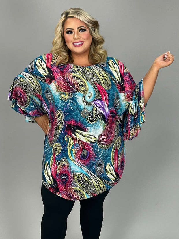 52 PQ {Absolutely Elegant} Teal Paisley Feather Print Tunic PLUS SIZE XL 2X 3X