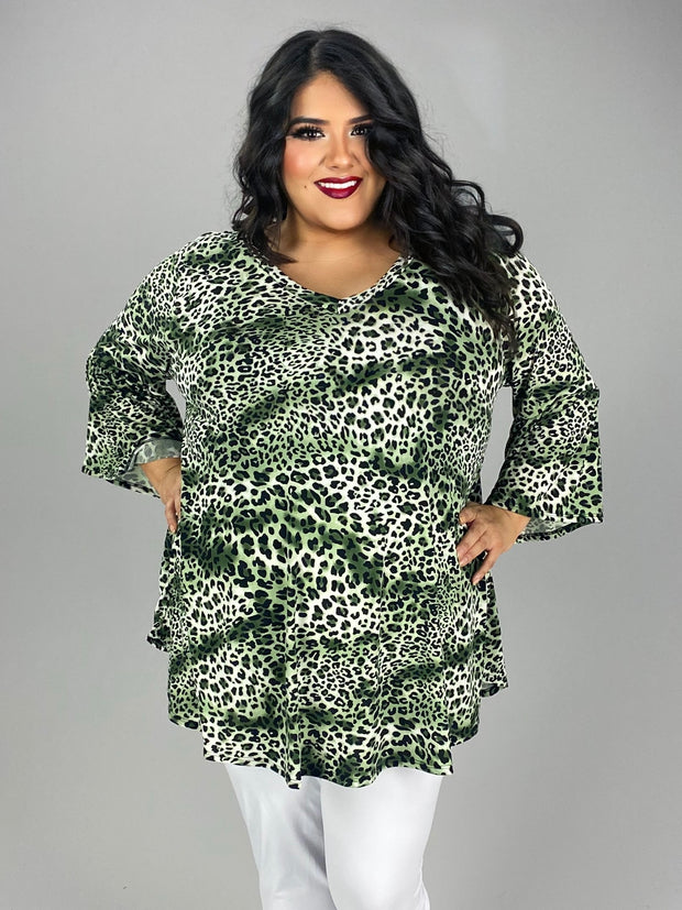 SALE!! 59 PQ-Z {Know Yourself} Green Leopard Print V-Neck Top EXTENDED PLUS SIZE 1X 2X 3X 4X 5X