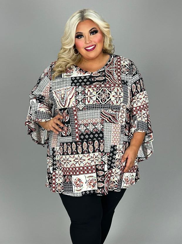 52 PQ {Time Well Spent} Ivory/Black Muti-Print V-Neck Top EXTENDED PLUS SIZE 4X 5X 6X