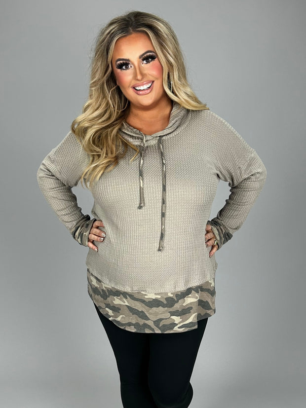 SALE!! 15 HD {Always Calm} Taupe Waffle Knit Hoodie w/Camo Trim PLUS SIZE XL 2X 3X