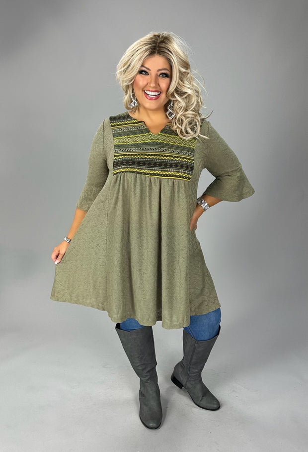 1-1- PSS-G {Broken Record} Olive/Ethnic Contrast Tunic