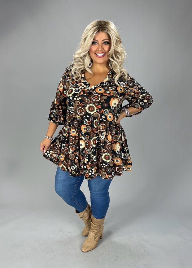 SALE!! 45 PSS {Lattes & Errands} Black/Brown Floral Babydoll Top  EXTENDED PLUS SIZE 3X 4X 5X