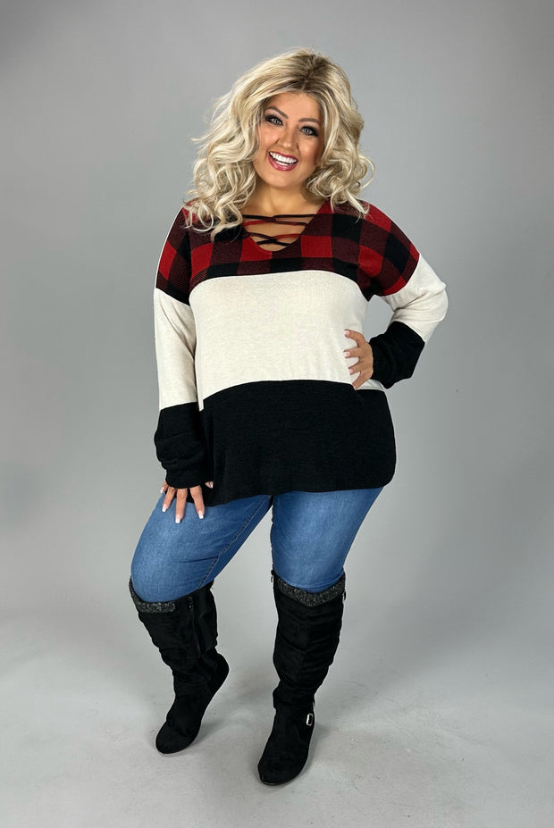 1-22 CP {Cozy Winters} Black/Red/Ivory Plaid Contrast Cage Neck Top PLUS SIZE 1X 2X 3X