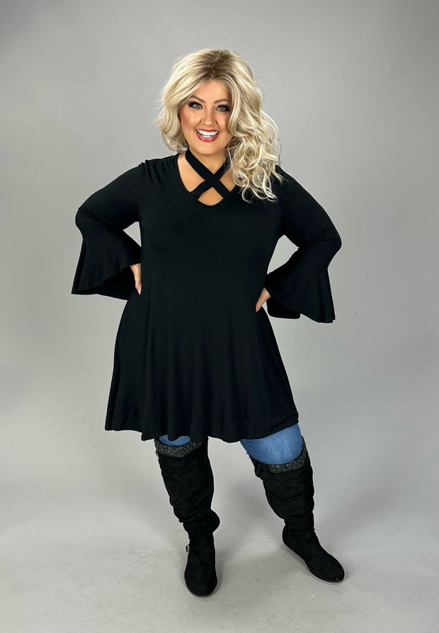 1-37 SQ {Dreaming Of Elegance} Black V-Neck Top w/ Tie Cross Neck Detail PLUS SIZE XL 2X 3X