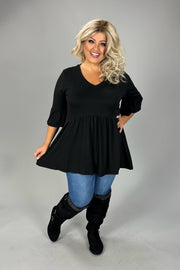 1-29 SQ {Capture Simplicity} Black Babydoll V-Neck Top  EXTENDED PLUS 1X 2X 3X 4X 5X