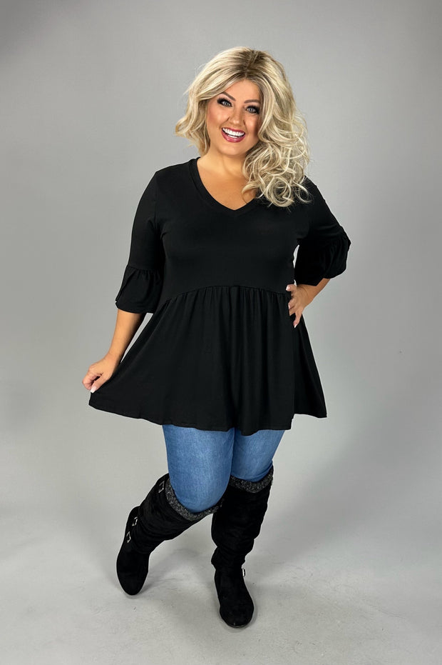 1-29 SQ {Capture Simplicity} Black Babydoll V-Neck Top  EXTENDED PLUS 1X 2X 3X 4X 5X